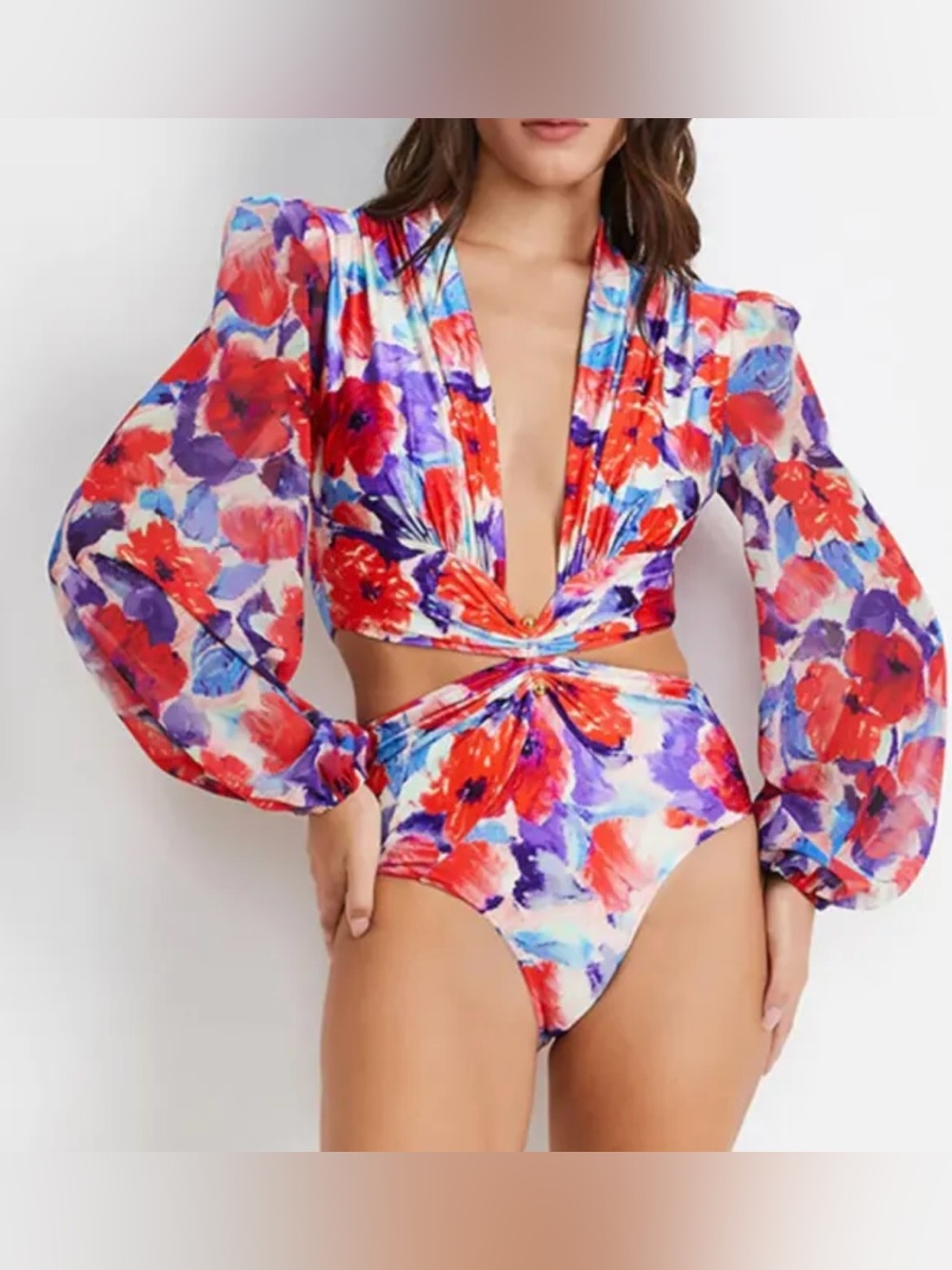 Women’s Floral Twist Front Long-Sleeve Crop Onepiece Swimsuit in Red & Purple